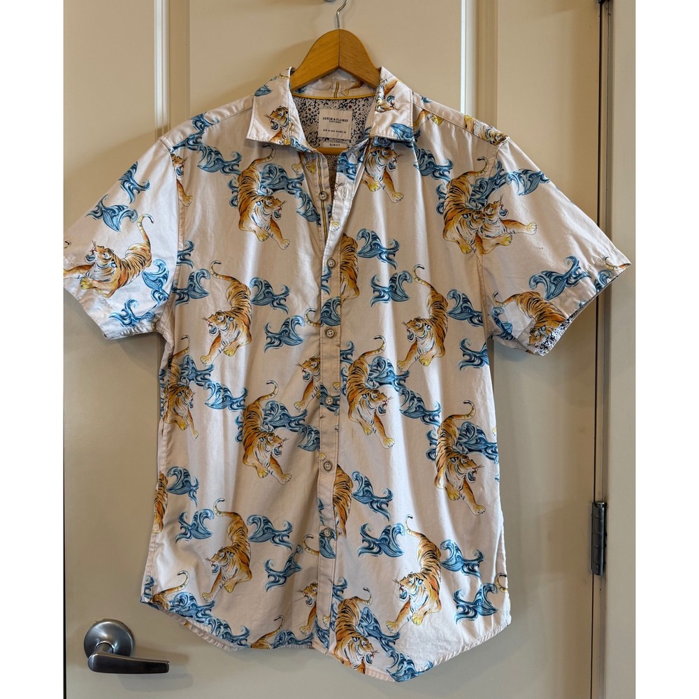 Denim & Flower Ricky Singh Men's Slim Fit Tiger Wave Short Sleeve Shirt Size M
